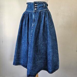Gitano Vintage 80s Blue Stonewash Denim Wide Waistband Midi Full Skirt 11/12/M